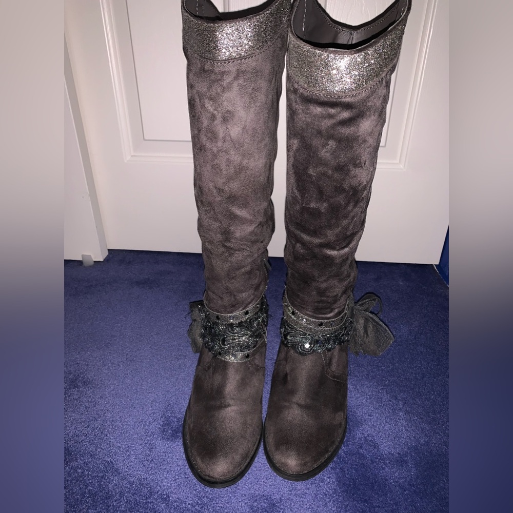 Knee length grey embellished cowboy boot